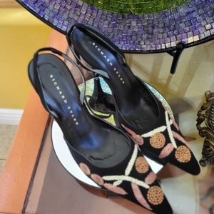 Richard Tyler Black brown Pretty Embroidered Pointy Toe Slingback